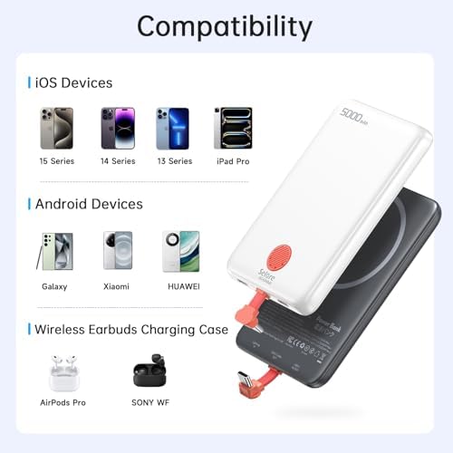 Ultra-Slim Magnetic Power Bank 5000 m Ah – PD 20 W Fast Charging Portable Charger with Built-in USB-C Cable for i Phone 15/16 & Samsung Android – Compact Travel Battery Pack for Effortless Power On-the-Go