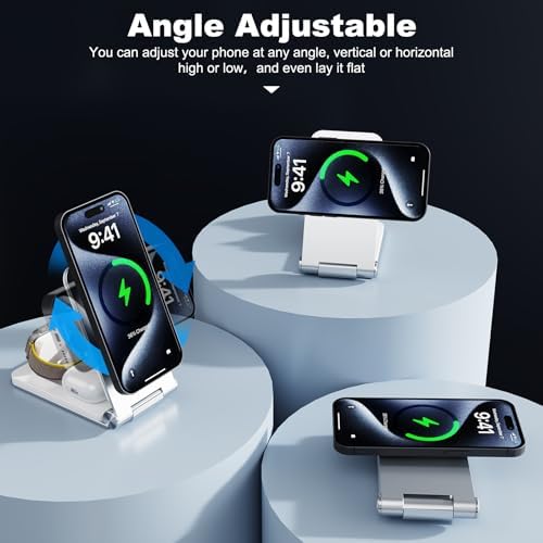 Sleek Foldable Aluminum Alloy 3-in-1 Magnetic Wireless Charger – Ultimate Travel and Home Charging Station for Apple Devices (i Phone 12-16, Smart Watch, Air Pods) with Fast Charging Adapter – Stylish and Portable Power Solution
