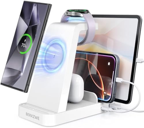 Sleek Pink 5-in-1 Wireless Charging Station for Samsung Devices – Fast Charge Your Galaxy Watch Ultra 7 6 5 4 3, Galaxy S25 S24 Ultra S23 S22 S21, Note 20 10, Z Fold & Buds – Ultimate Convenience and Style for Home or Office Use