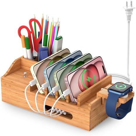 Sustainable Bamboo Charging Station with 5-Port USB Hub & Fast Charging Cables – Multi-Device Organizer for Smartphones and Tablets – Elegant Desktop Docking Solution for Efficient Charging and Clutter Reduction