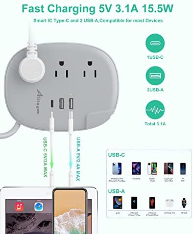 Alitayee 20 W USB-C Power Strip: Compact 3-Outlet Surge Protector with Fast Charging & Flat Plug for Travel, Home, and Office – Ideal for i Phone and QC 3.0 Devices with 3 ft Extension Cord for Maximum Portability and Compatibility
