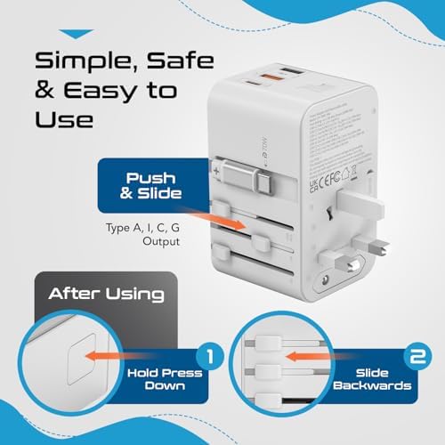 Universal Travel Power Adapter with 45 W PD Retractable USB-C Cable – Ultimate Multi-Device Charger for Global Use – Compatible with Laptops, Smartphones & Cameras – Essential Travel Accessory for US, EU & UK Adventures – Compact Design for Hassle-Free Charging