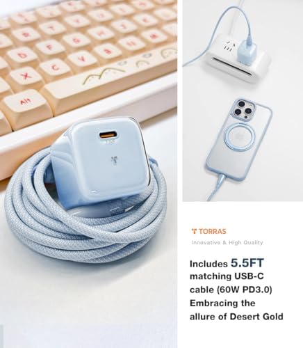 Ultra-Fast TORRAS Icenano 30 W USB-C Charger Block – PD 3.0 Compatible Wall Adapter with 5.5 ft Cable, Stylish Crystal Pink Design, Low-Temperature Operation for Safe Charging of i Phone 16/15 & Mag Safe – Perfect for Travel and Home Use