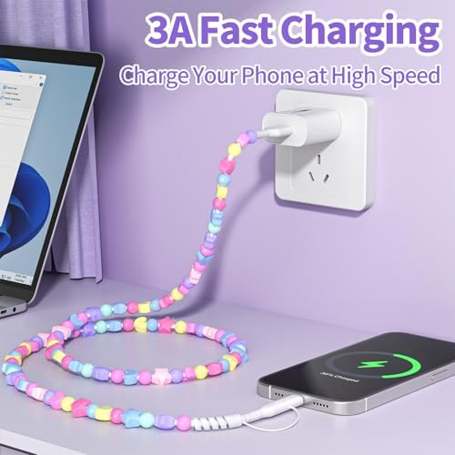 VOFUOE USB C Cable for iPhone Charging Cord [MFi Certified] 2 in 1 Multi Charging Cable Fast Charging Cable Star Beads 3.3FT Girls Women for iPhone 16/15 Pro Max-Colorful – Enhanced Compatibility and Speed