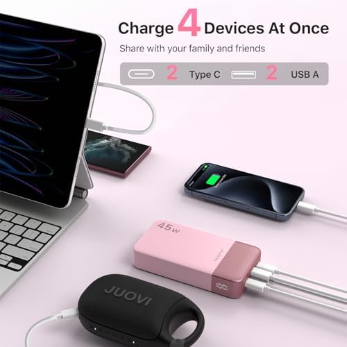 Juovi 20000 m Ah Ultra-Fast Portable Charger – 45 W PD3.0 Power Bank with Dual USB-C & USB-A Ports, LED Digital Display for Smart On-the-Go Device Charging – Ideal for i Phone 15/16, Mac Book, Samsung & More – Perfect Power Solution for Travelers, Students & Professionals in Trendy Pink Finish