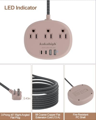 Stylish Brown Extension Cord with 1080 J Surge Protection – 5 FT Flat Braided Design Featuring 3 AC Outlets & 4 USB Ports (24 W/4.8 A) for Fast Charging – Ideal Tan Desk Accessory for Powering Devices Safely & Efficiently