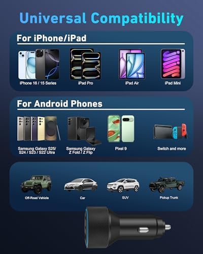 67 W 3-Port USB-C Car Charger for i Phone 15/16 Pro Max – Rapid Charging with Included 3 FT USB-C Cable for i Pad, Air, Pro & Mini – Universal Cigarette Lighter Adapter for On-the-Go Convenience and Enhanced Device Compatibility