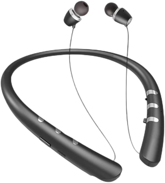 Premium Bluetooth 5.0 Neckband Earbuds – Advanced Noise-Cancellation and Sweat-Resistant Design for Unmatched Sound Quality – Ergonomic Retractable Ear Tips for On-the-Go Professionals and Music Aficionados – Sleek Black Finish for Stylish Audio Experience
