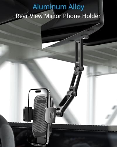 Revolutionary Aluminum Alloy Rear View Mirror Phone Holder – Multi-Angle Adjustable and Rotatable Mount for 4-7 Inch Smartphones – Ultimate Driving Safety and Seamless Connectivity for i Phone and Android Users – Effortless Installation and Modern Design