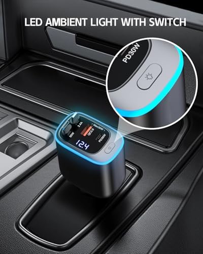 Revolutionary 4-in-1 Retractable Car Charger – 90 W USB-C Fast Charging Adapter for i Phone 16 and More, Featuring Ambient LED Lighting for Enhanced Travel Comfort – Ideal Road Trip Essential for i Phone 16, Galaxy, Pixel, and Universal Devices – Achieve Maximum Charging Efficiency with Tangle-Free Design