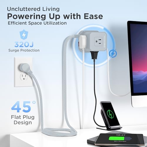 Uncaged Ergonomics Cube Power Strip with 10 ft Extension Cord – Surge Protected Charging Station Featuring 5 AC Outlets, 3 USB Charging Ports (1 USB-C Fast Charger) and On/Off Switch for Ultimate Convenience and Safety