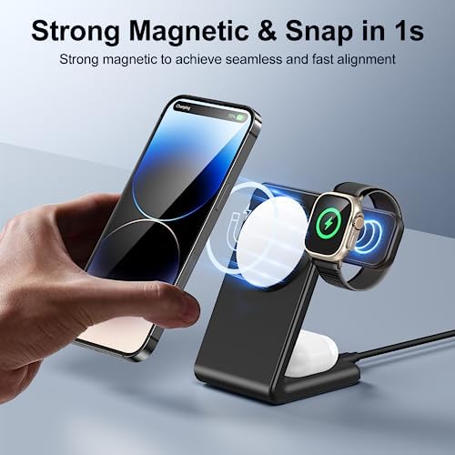 Ultimate 3-in-1 Magnetic Wireless Charging Hub for Apple Devices – Seamless Fast Charge for i Phone 15/14/13/12, Apple Watch Ultra/SE/9/2, and Air Pods Pro/3/2 with 20 W PD Adapter – Sleek Black Design for Home & Office with Enhanced Compatibility and Superior Docking Efficiency