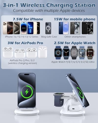 Ultimate 3-in-1 Mag Safe Charging Station: 15 W Fast Wireless Charger with 360° Rotating Dock for i Phone 16/15/14/13/12, i Watch, and Air Pods – Enhanced Magnetic Alignment, Anti-Slip Design, and Dual Orientation Stand for Seamless Charging Experience