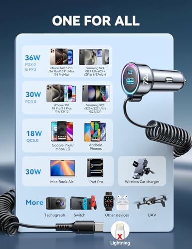 High-Speed USB C 72 W Car Charger for i Phone 16 Pro Max Plus & Multi-Device Compatibility – Rapid PD & QC3.0 Charging with 5 ft 36 W Type C Coiled Cable for Samsung Galaxy S24/S23/S22, Pixel, Moto, LG, and More – Ultimate Travel Accessory for Uninterrupted Power on the Go