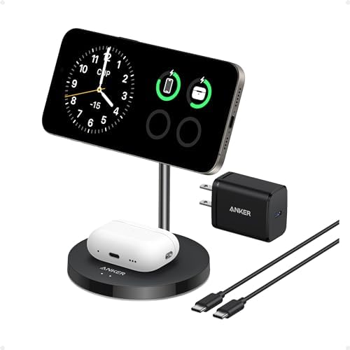 Anker Mag Safe 2-in-1 Charging Station for i Phone 16 and Air Pods Pro – Qi2 Certified 15 W Max Wireless Charger Stand in Sleek Black – Fast Charging Compatibility for i Phone 12/13/14/15 – Effortless Magnetic Alignment for Ultimate Convenience and Style