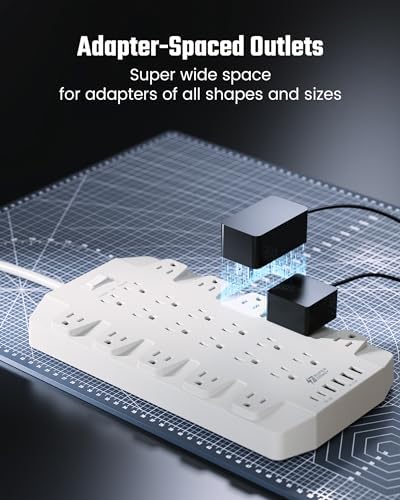 SUPERDANNY 22-Outlet Surge Protector Power Strip with 6.5 Ft Cord, 2 USB-C & 4 USB Ports – High-Capacity 1875 W/15 A with 2100 J Surge Protection for Home, Office, and Dorm Use – Wall Mount Design for Space-Saving Convenience
