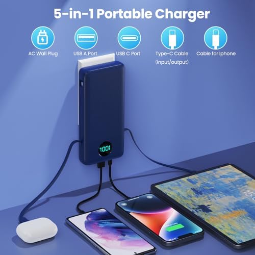 Ultra-High Capacity 33800 m Ah USB C Power Bank with Integrated Cables & AC Wall Adapter – Rapid 25 W Fast Charging with QC 4.0, Multi-Device Support, LCD Battery Status Display for i Phone 16/15, Samsung, Android, and More – Ultimate Portability and Efficiency for On-the-Go Power Solutions