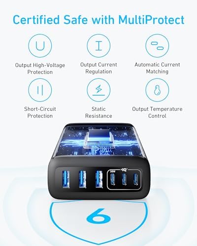 Anker 112 W Max 6-Port Fast Charging Station – Versatile Desktop USB-C Charger for i Phone, i Pad, Mac Book, Samsung & More – Multi-Device Power Hub with Built-in Safety Features for Home, Office & Travel – Custom Charging Experience (Cables Not Included)
