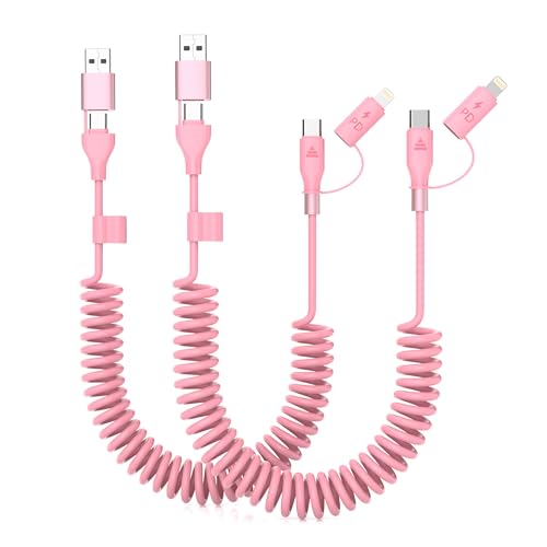 Stylish Pink Coiled USB C & Lightning Charging Cable – 3 FT Durable Cord for i Phone 15/16 and Compatible Devices – 60 W Fast Charging for Apple Car Play & Android Auto – Space-Saving Design for Effortless Connectivity in Your Car