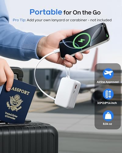 Compact 10,000 m Ah USB-C Power Bank with Retractable Cable – Fast Charging Dual Output Battery Pack for Android Devices, TSA-Compliant Travel Charger with Built-In Safety Features and Convenient Carry Loop for On-the-Go Power
