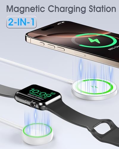 Magnetic 2-in-1 Wireless Charger for Apple Watch & i Phone – Fast USB-C Charging Station Compatible with Apple Watch Ultra/SE/Series 2-10 & i Phone 12-16 Models – Compact & Portable Design for Effortless Power Anywhere – Enhanced Safety Features & Strong Magnetic Alignment