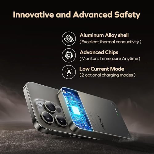 MOMAX 5000 m Ah Ultra-Slim Magnetic Power Bank – 0.3-Inch Portable Charger with 20 W Fast Wired & 15 W Wireless Charging, Compatible with Mag Safe and i Phone 15/14/13/12 Series, Includes USB-C Cable, Black – Lightweight Travel Companion with Strong N52 Magnet for Optimal Alignment & Advanced Safety Features for Secure Charging