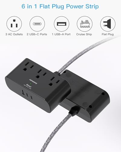 HANYCONY Ultra Thin Flat Plug Power Strip – 6 Ft Extension Cord with 3 Outlets & 3 USB Ports (2 USB-C) for Travel, Dorms & Cruise Ships – Space-Saving Multi Plug Outlet Extender for Fast Charging & Enhanced Device Compatibility