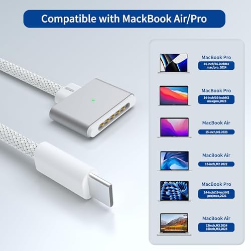 Premium 140 W Magnetic USB-C Charging Cable for Mac Book – 6.6 FT Right-Angle Cord Compatible with 2024/2023/2022 Mac Book Air M3/M2 & Pro M1/M2 Models – Durable Nylon Braided Design for Fast Power Delivery and Enhanced Convenience