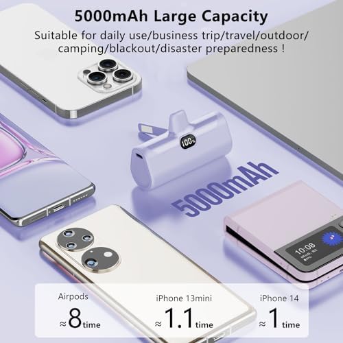 LUCKYDUO Ultra-Compact 5000 m Ah Portable Power Bank with Built-In Phone Holder & LED Light for i Phone – Essential Travel Charger with LCD Battery Indicator, Compatible with i Phone 14/13/12/11/XR/SE/8/7 Pro Max – Stay Charged Anywhere