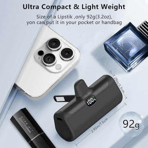 LUCKYDUO Ultra-Compact 5000 m Ah Portable Power Bank with Built-In Phone Holder & LED Light for i Phone – Essential Travel Charger with LCD Battery Indicator, Compatible with i Phone 14/13/12/11/XR/SE/8/7 Pro Max – Stay Charged Anywhere