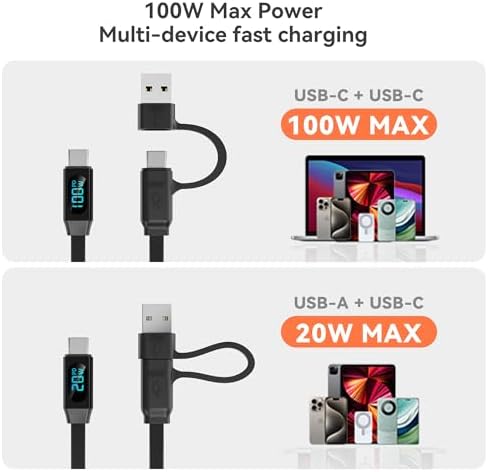 PZOZ 100 W Retractable 2-in-1 Charging Cable with LED Display | Multi-Device USB A & C Compatibility | Fast Charging for i Phone 16/15, i Pad, Mac, Samsung | Tangle-Free Design for Car & Desktop Use | Enhanced Durability and Speed