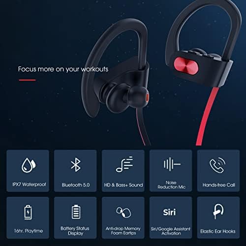 Redzoo V5.0 Bluetooth Sports Headphones – IPX7 Waterproof Wireless Earbuds with 16 Hours of Playtime, CVC 6.0 Noise Cancellation, and Bass+ HD Stereo Sound for Uninterrupted Gym and Running Sessions – Ergonomic In-Ear Design for Ultimate Comfort and Durability