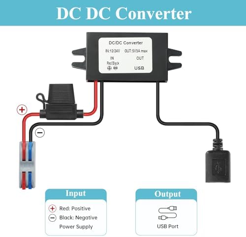 High-Efficiency Waterproof Dual USB DC/DC Adapter – 12/24 V to 5 V Converter with 3 A Output, Integrated Safety Fuse, and Compact Design for Reliable Vehicle Power Solutions and Outdoor Charging Needs