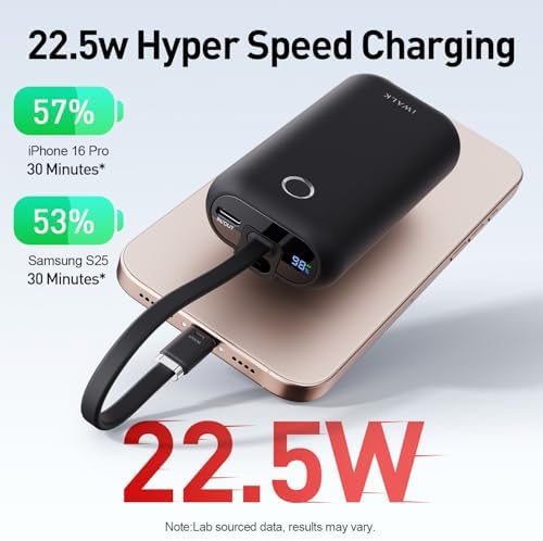 i WALK Ultra-Slim 10,000 m Ah Power Bank with Built-In Cable – Lightning-Fast 22.5 W USB-C Charging for i Phone 16/16 Pro/15, Samsung & Google – Travel-Friendly Pink Mini Portable Charger for On-the-Go Connectivity