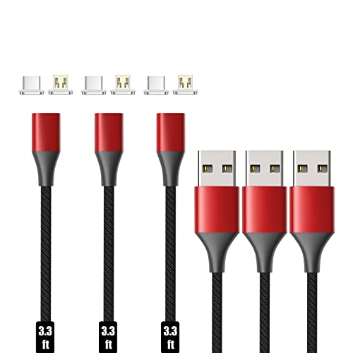 N. NETDOT 2-in-1 Magnetic Charging Cable – Fast Charging Nylon Braided USB-C & Micro-USB Charger (1 ft, 3-Pack Red) – Durable, Snap-on Design for Effortless Connectivity and Travel Convenience
