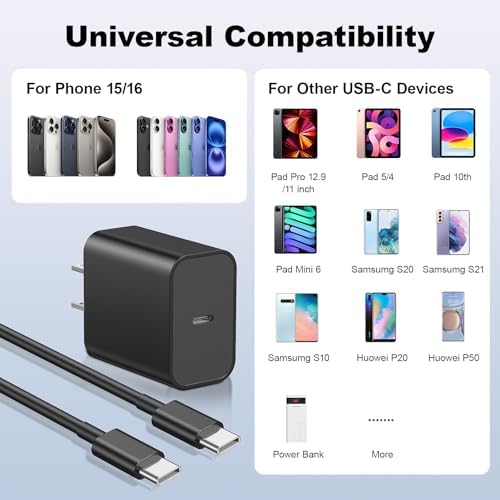 20 W Dual Pack Type C Wall Charger & 6 FT USB-C Cable – Ultra-Fast Charging Solution for i Phone 16/15/Plus/Pro & Samsung Galaxy S23/S22/S21 – Portable Design with Advanced Safety Features for All Your Devices – Perfect for Home, Office, and Travel