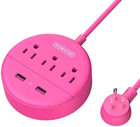 Stylish 25 ft Rose Pink Extension Cord by NTONPOWER – Flat Plug Power Strip with 3 AC Outlets & 2 USB Ports, Versatile Wall Mount Charging Station for Home, Dorm, or Office – ETL Certified for Enhanced Safety and Performance