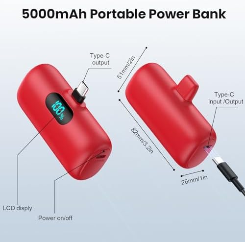 Ultra-Compact 5000 m Ah USB-C Power Bank – Fast Charging Mini Portable Charger with Built-in Connector & LCD Display – Perfect for i Phone 15, i Pad Pro, and Android Devices – Lightweight and Travel-Friendly Power Solution for On-the-Go Connectivity
