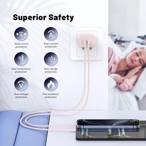 Ultimate Fast Charging Solution for i Phone 16/15 Pro Max – 45 W Dual Port USB-C Charger Block (2-Pack) with Extra Long 60 W Cables – PD Quick Adapter 3.0 for Enhanced Device Compatibility and Speed – Perfect for Home or On-the-Go Charging