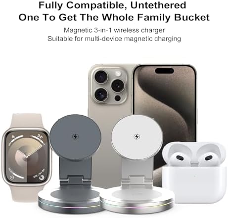 Revolutionary 3-in-1 Foldable Magnetic Wireless Charging Station for i Phone, Apple Watch & Air Pods – 15 W Fast Charge, 360º Rotatable Zinc Alloy Design – Portable Power Hub with Adapter for Seamless Compatibility and Superior Durability in Gray