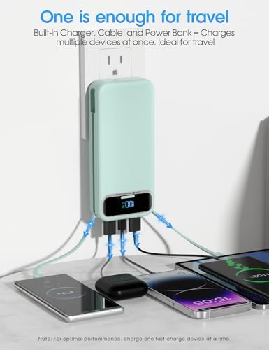 Ultra-Compact 12000 m Ah Power Bank with Built-in Charging Cables & AC Plug – 20 W PD Fast Charging for i Phone, Samsung, Android, USB-C Devices – Travel-Friendly External Battery Pack in Purple – Unmatched Portability and Efficiency for On-the-Go Charging Solutions