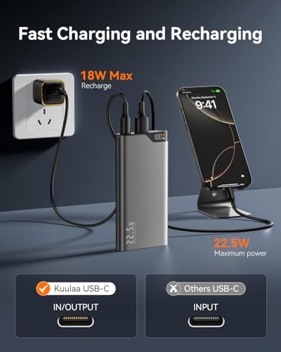 Kuulaa Dual 10000 m Ah Power Bank 22.5 W PD – Fast Charging Portable USB-C Charger with LED Display for i Phone 16/15/14 Pro/Plus & Samsung S24 Ultra – Slim, Airplane-Approved Metal Shell for Ultimate Travel Convenience and Enhanced Device Compatibility