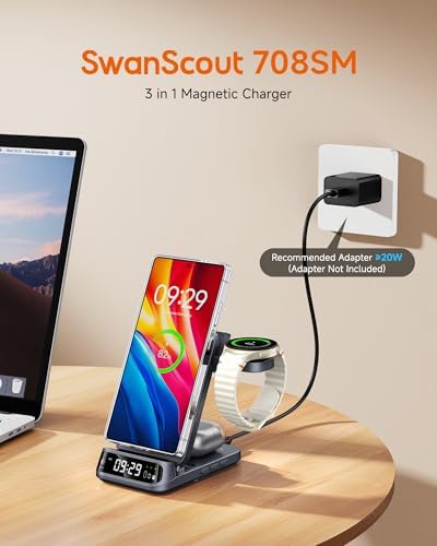 Magnetic 3-in-1 Wireless Charging Station for Samsung Devices – Foldable Fast Charger for Galaxy S25/S24/S23/Note 20/Z Fold & Flip Series, Galaxy Watch 7/6/5 Pro/Ultra & Buds Pro/Live – Enhanced Compatibility with Adjustable Dimming Clock, Rapid Charging Efficiency, and Portable Design for Travel and Home Use