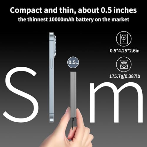 Ultra-Slim Magnetic Power Bank – 10,000 m Ah Portable Charger with Built-In Cable for i Phone 15/14/13/12 – Fast 20 W USB-C Two-Way Charging, Lightweight & Compact Design in Stylish Gray – Essential Travel Power Solution