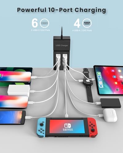Ultimate Family-Sized 10-Port USB Charging Hub with Smart Auto-Detect Technology – Efficient Multi-Device Power Station for Home and Office – Rapid Charging Solution for Smartphones, Tablets, and Headphones – Safety-Enhanced USB Charger Station for Seamless Connectivity