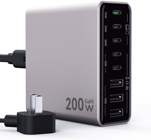 200 W Ga N IV USB-C Charging Hub – 8-Port Fast Charger Station with PD 65 W Laptop Power for Mac Book Pro/Air, i Phone 16/15/14, Galaxy S23/22 & Steam Deck – Ultimate Compact Solution for Multi-Device Efficiency and Safety