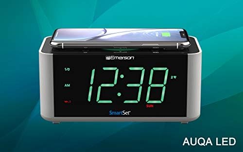 Elevate Your Morning Routine with the Emerson ER100202 Smartset Dual Alarm Clock Radio – Bluetooth-Enabled, USB Charging Port, and Qi Wireless Charger for Effortless Device Power – Stylish and Functional Addition to Your Bedside or Office Setup