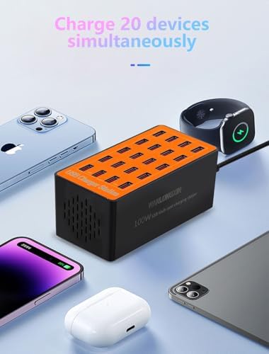 20-Port USB Charging Hub – 100 W Fast Charging Station for Multiple Devices, Smart Power Distribution, Compact USB Charger Dock for Home and Office Use, Ultimate Convenience for Gadgets and Electronics