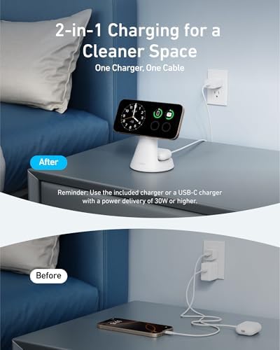 Anker 2-in-1 Mag Safe Wireless Charging Stand for i Phone 16, Qi2 Certified 15 W Ultra-Fast Charger, Adjustable Design with Dual Functionality for i Phone and Air Pods, Sleek Black Finish – Optimal Speed and Style for Modern Devices