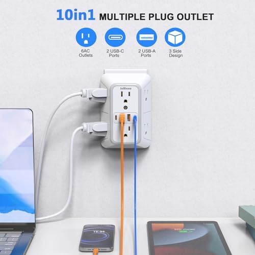Maximize Your Power Potential with the 6-Outlet Surge Protector & 4-Port USB Charger – Versatile Multi-Plug Adapter Featuring 2 Fast-Charging USB-C Ports, Ideal for Home, Office, Kitchen, and Travel – Enhanced Safety and Connectivity for All Your Devices